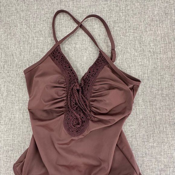 Newport News One Piece Swimsuit Chocolate Brown Lace V-Neckline Size 4 Nylon & L - Picture 2 of 12